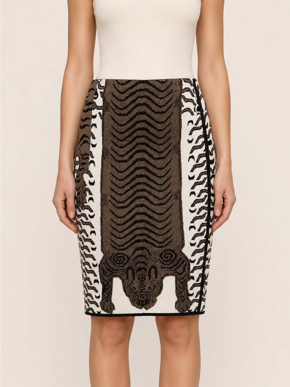 Marc Cain Virgin Wool Blend Tiger Knit Pencil Skirt Brown/Cream US 4